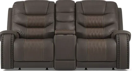 Headliner Brown Leather Reclining Console Loveseat