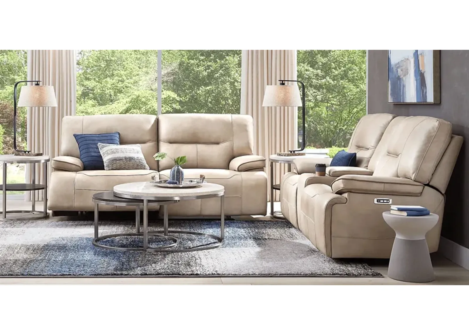 Caletta Way Beige Leather 5 Pc Dual Power Reclining Living Room