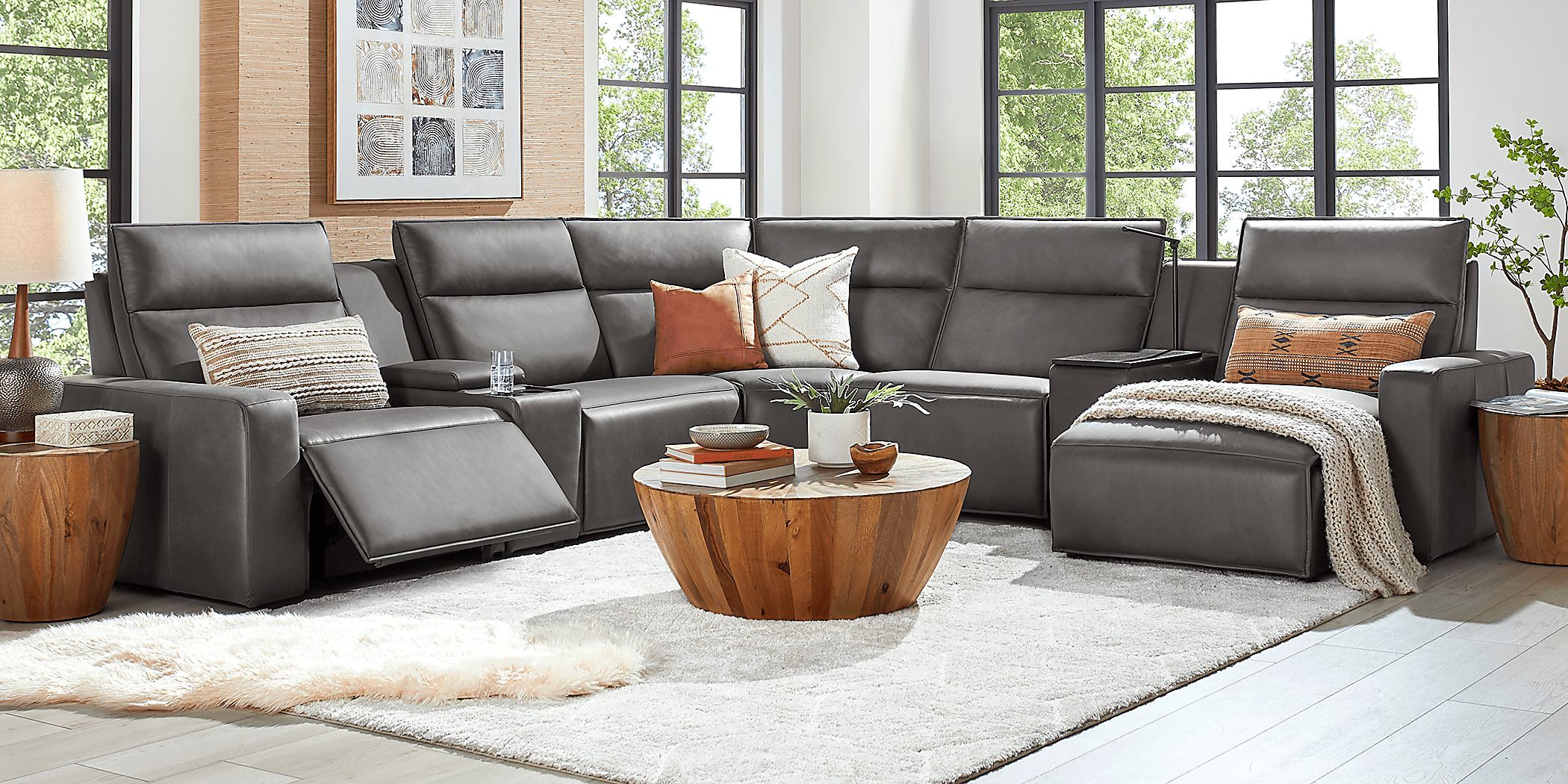 ModularTwo Charcoal 7 Pc Dual Power Reclining Sectional with Media and Wood Top Consoles