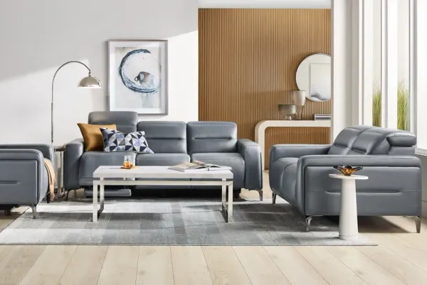 Amalfi Blue Leather 9 Pc Living Room with Dual Power Reclining Sofa