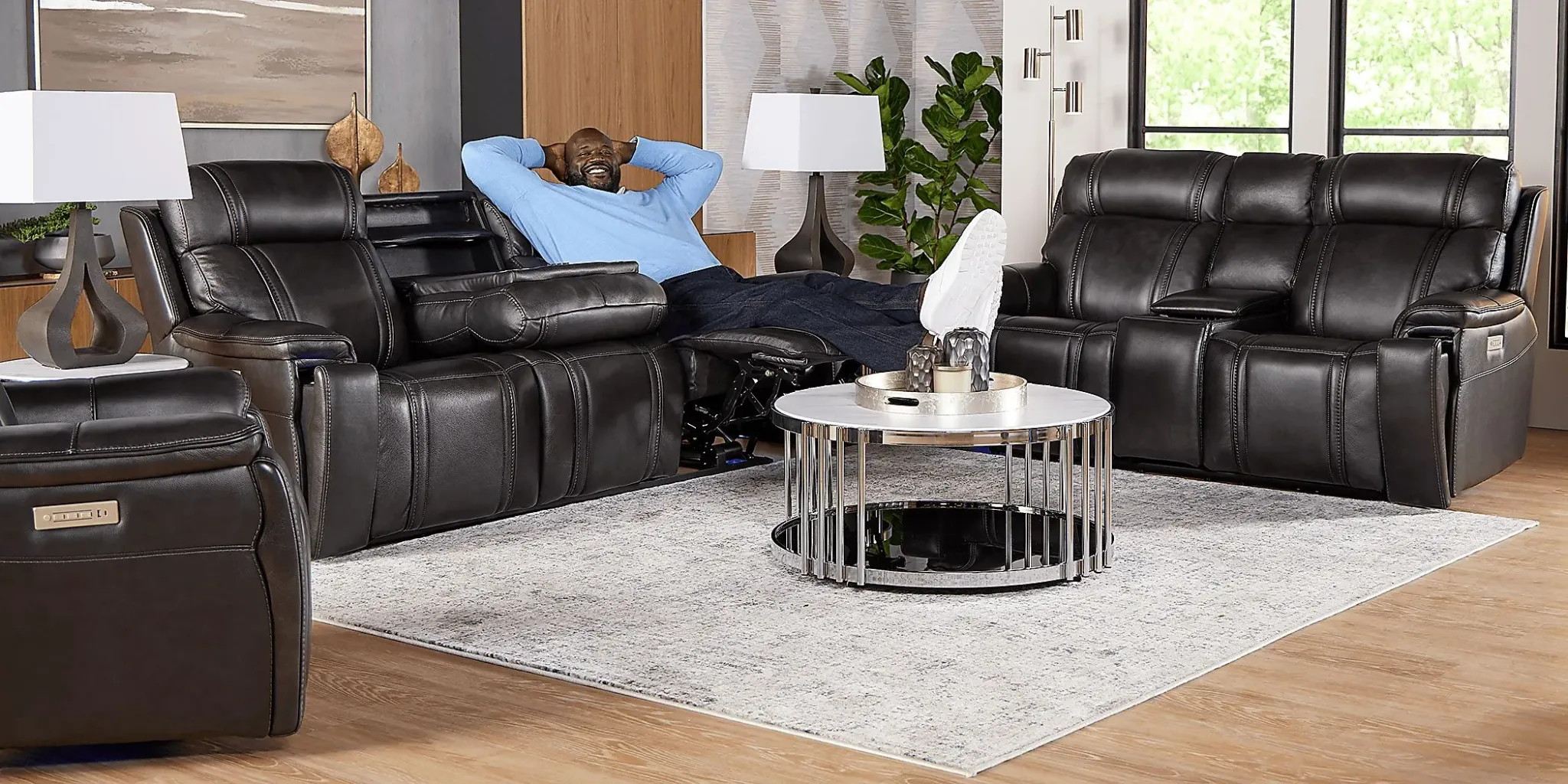 Sound Tech By Shaq Black Leather 5 Pc Triple Power Reclining