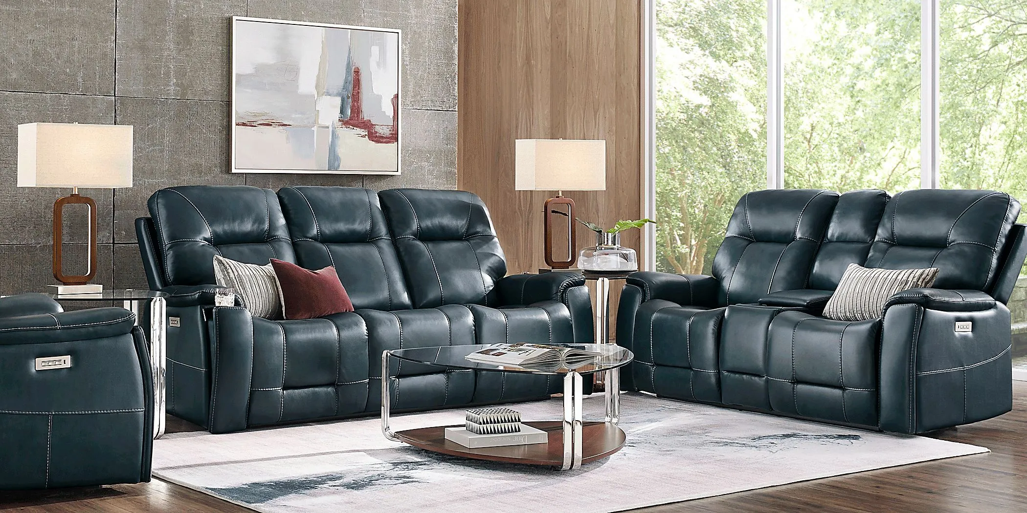 Matthews Cove Blue Leather 6 Pc Triple Power Reclining Living Room