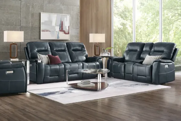 Matthews Cove Blue Leather 7 Pc Triple Power Reclining Living Room
