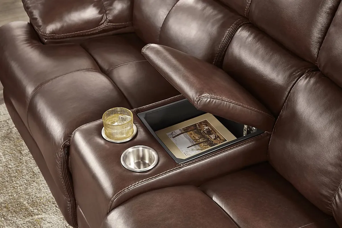 Montefano Brown Leather Reclining Console Loveseat