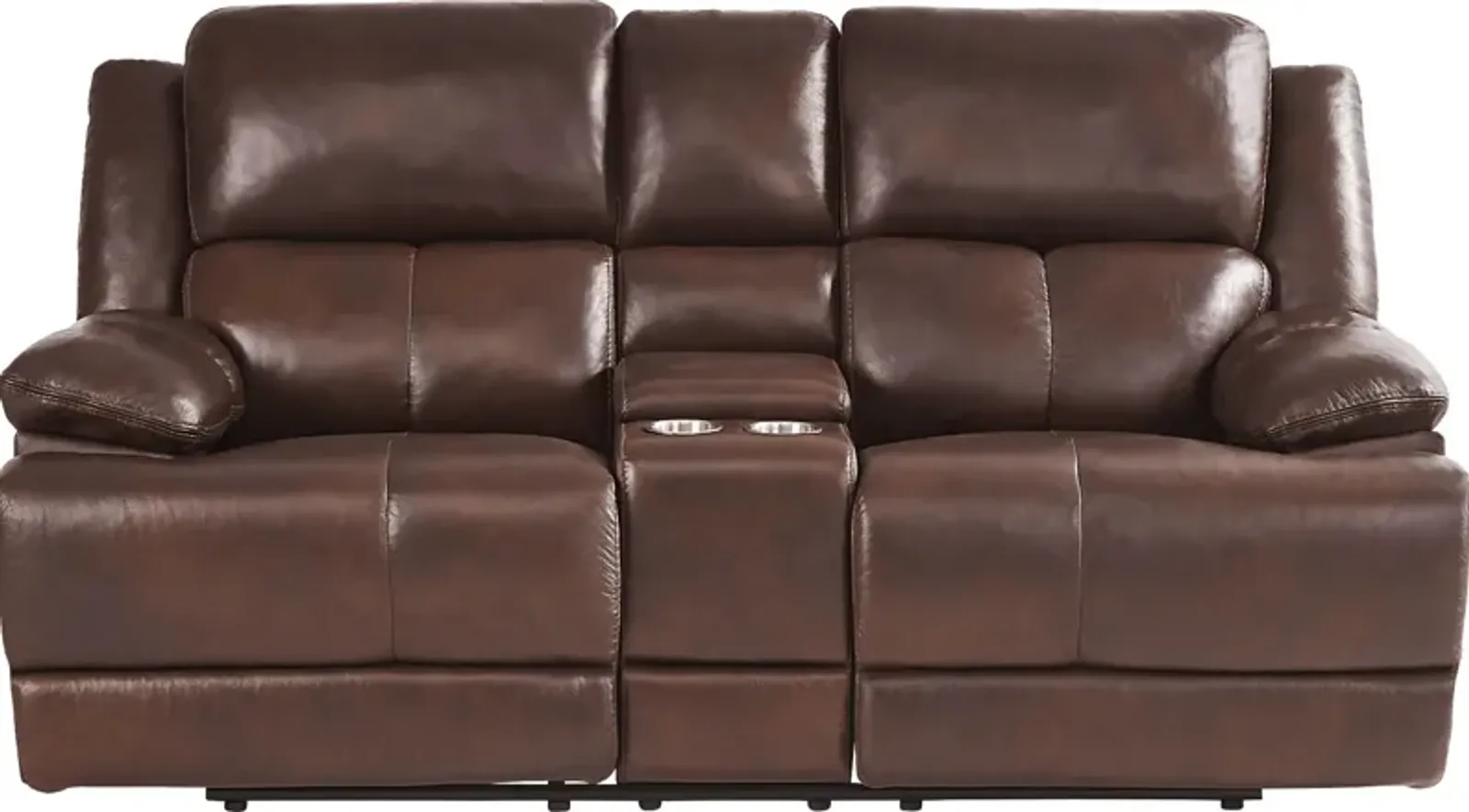 Montefano Brown Leather Reclining Console Loveseat