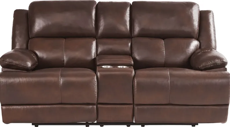 Montefano Brown Leather Reclining Console Loveseat