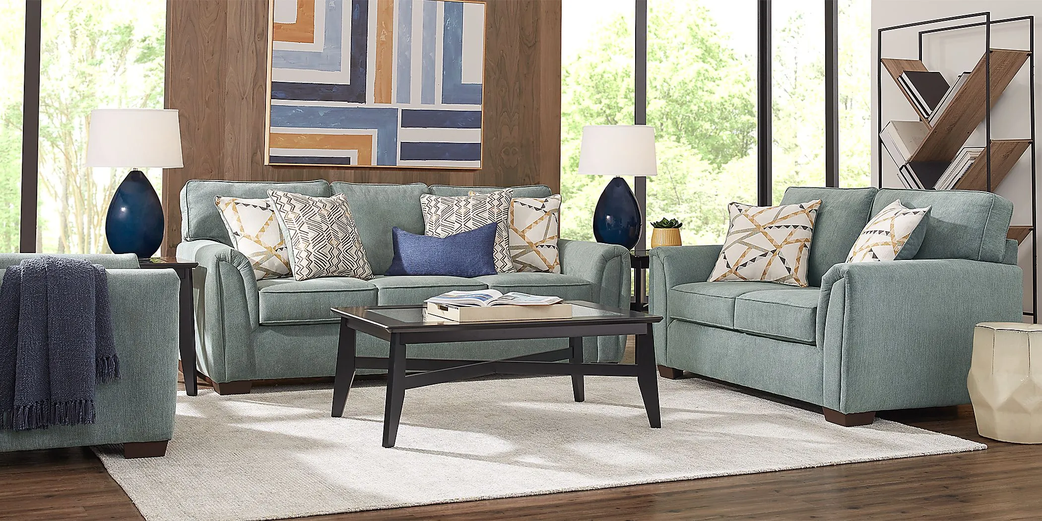 Amalie Teal 7 Pc Living Room with Sleeper Sofa