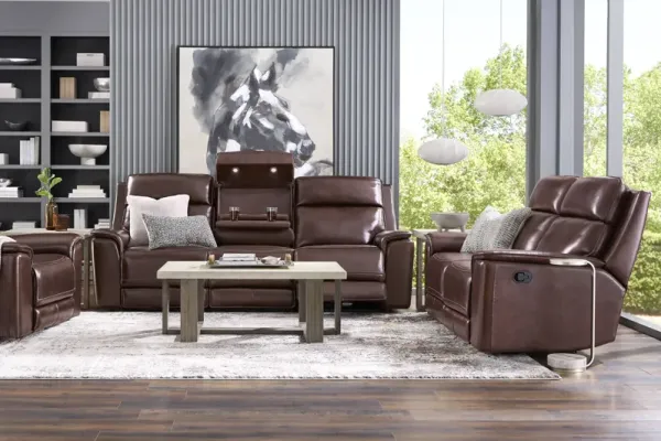 Magellan Merlot Leather 7 Pc Reclining Living Room with Dual Power Reclining Sofa