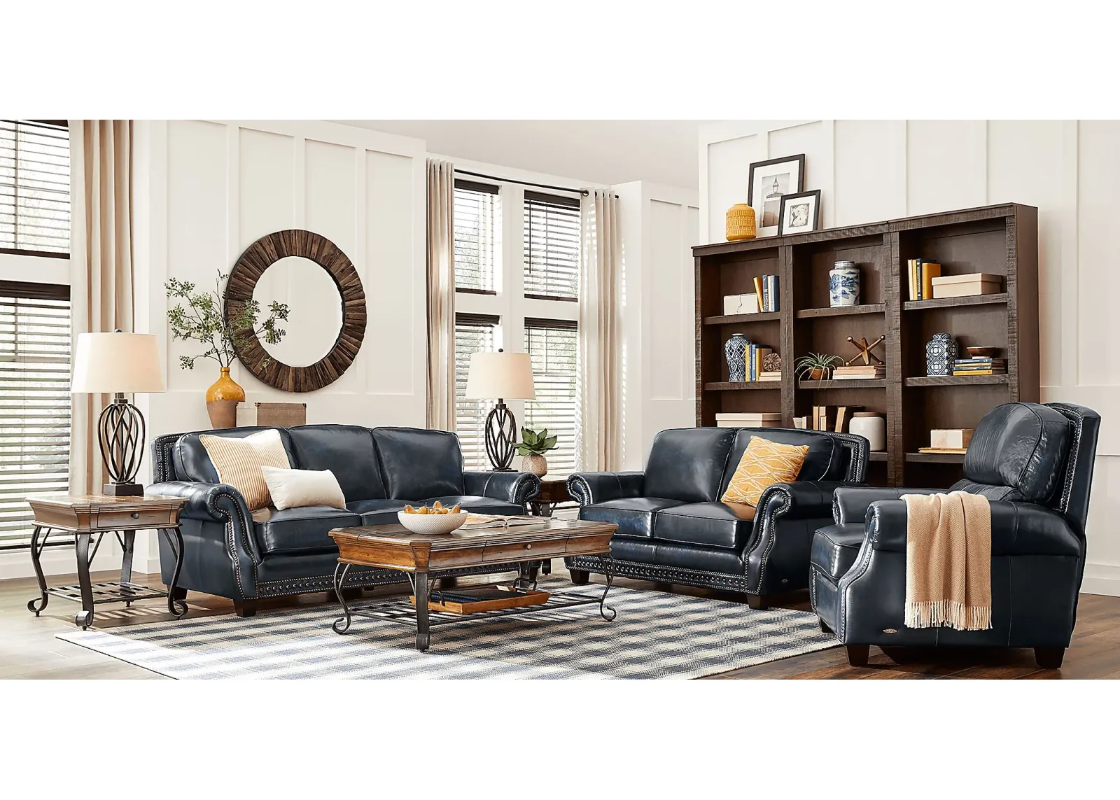 Cindy Crawford Home Calvano Blue Leather 5 Pc Living Room