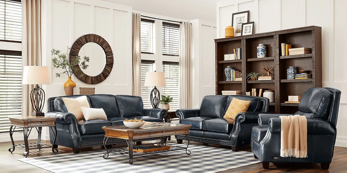 Cindy Crawford Home Calvano Blue Leather 5 Pc Living Room