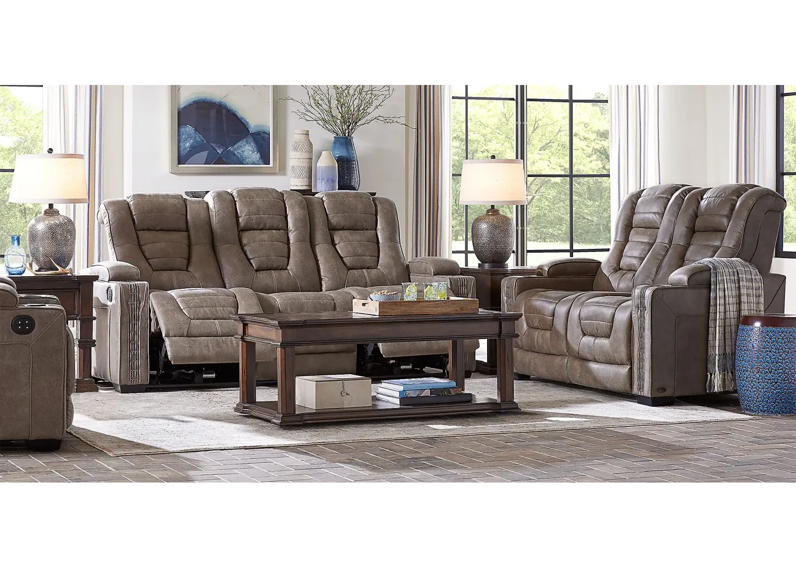 Chief Taupe 5 Pc Dual Power Reclining Living Room with Stationary Loveseat