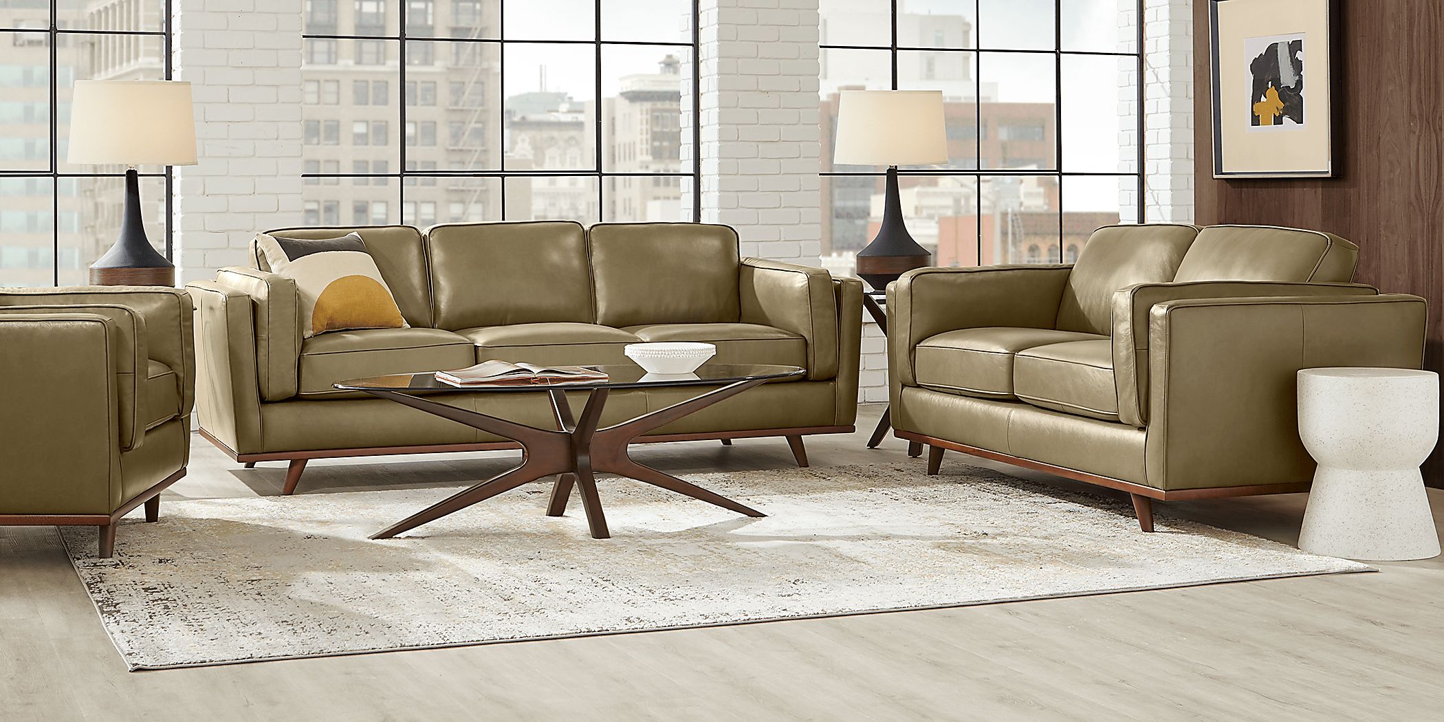 Duluth Olive Leather 7 Pc Living Room with Gel Foam Sleeper Sofa