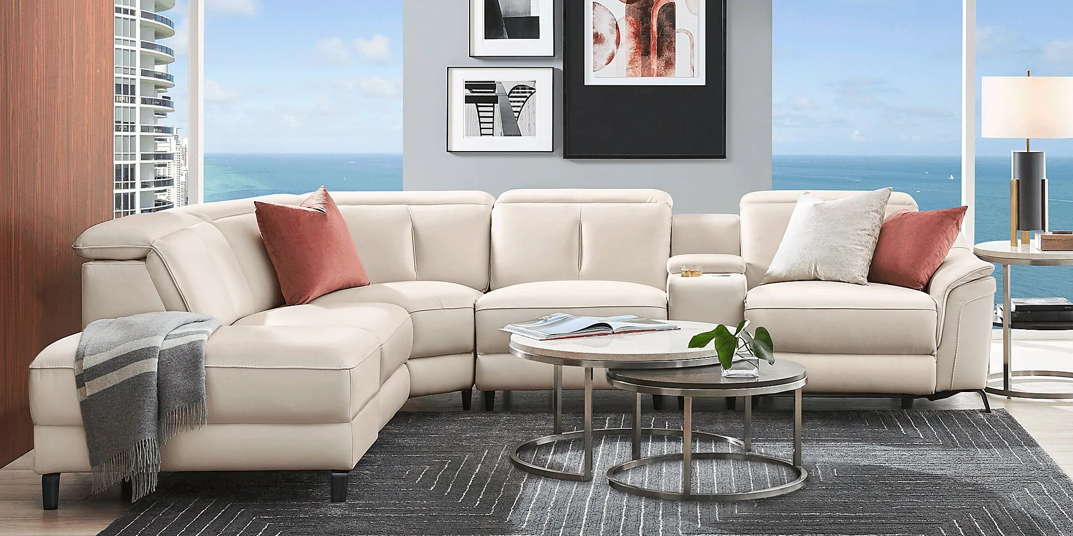 Naples Ivory Leather 9 Pc Dual Power Reclining Sectional Living Room