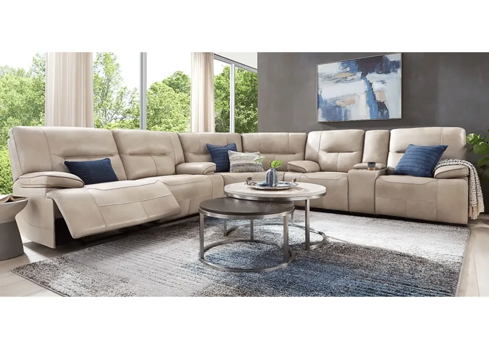 Caletta Way Beige Leather 6 Pc Reclining Sectional Living Room