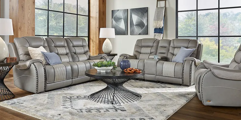 Headliner Gray Leather 2 Pc Dual Power Reclining Living Room