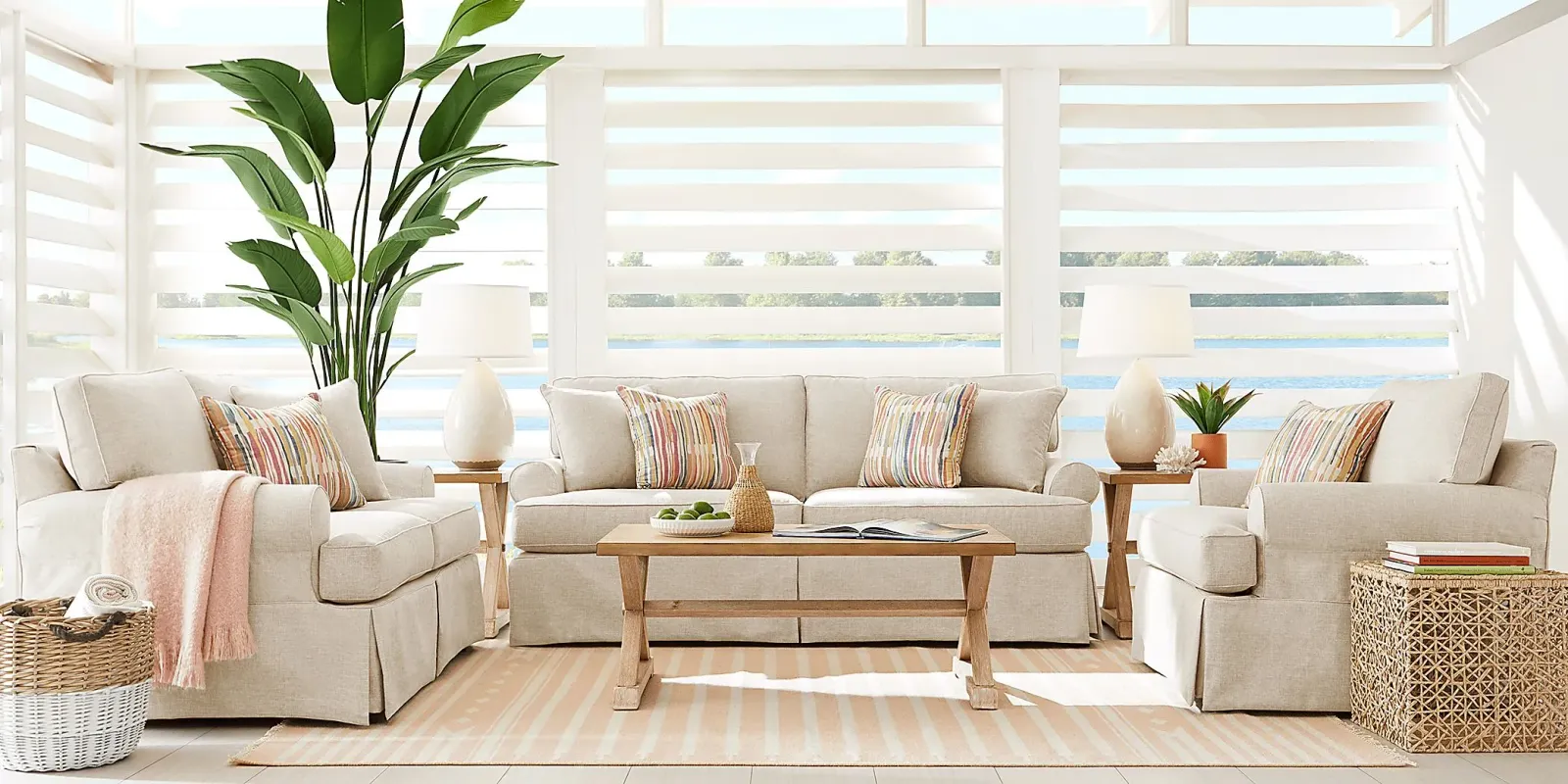Beachside Walk Linen Textured Slipcover 7 Pc Living Room