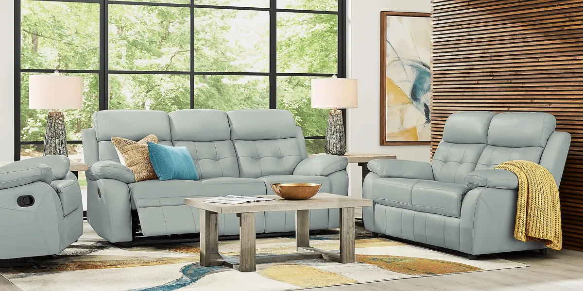 Antonin Aqua Leather 7 Pc Living Room with Reclining Sofa