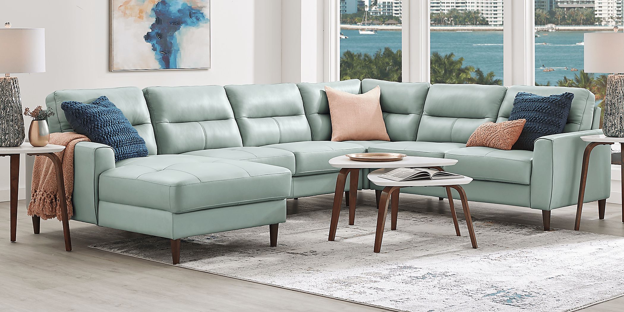 Sutton Heights Aqua Leather 4 Pc Sectional