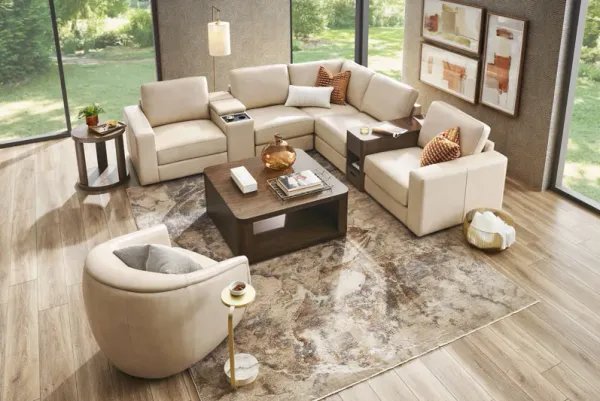 Venice Modular Almond Leather 7 Pc Sectional with Audio