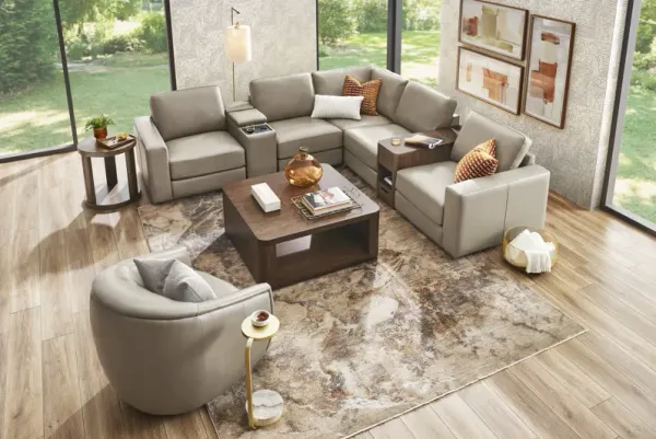 Venice Modular Cobblestone Leather 7 Pc Sectional with Audio