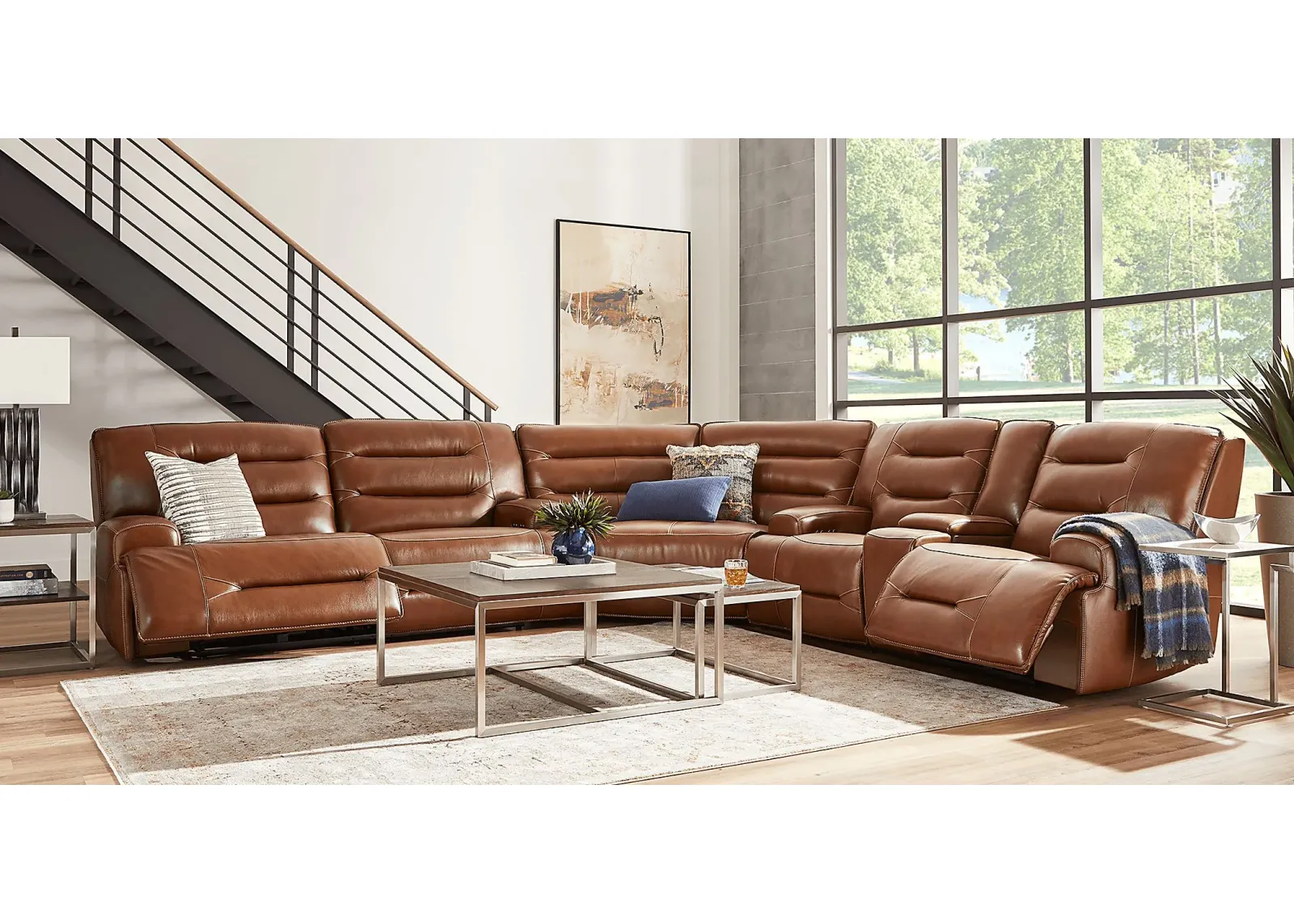 Farona Caramel Leather 6 Pc Dual Power Reclining Sectional Living Room