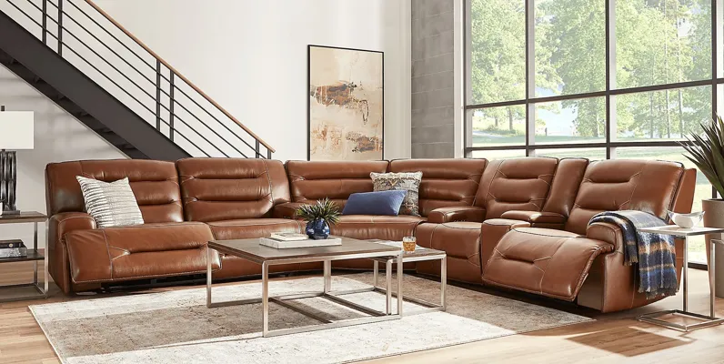 Farona Caramel Leather 6 Pc Dual Power Reclining Sectional Living Room