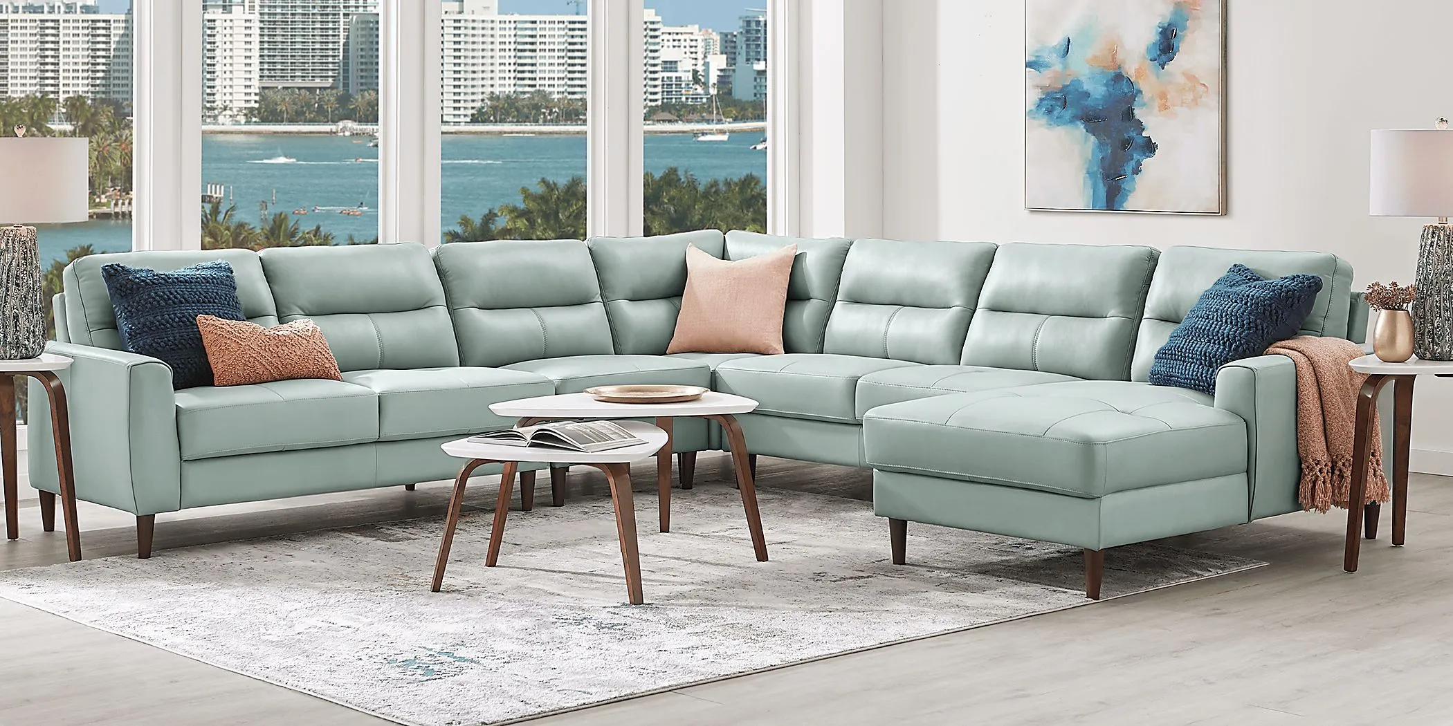 Sutton Heights Aqua Leather 5 Pc Sectional by Rooms To Go