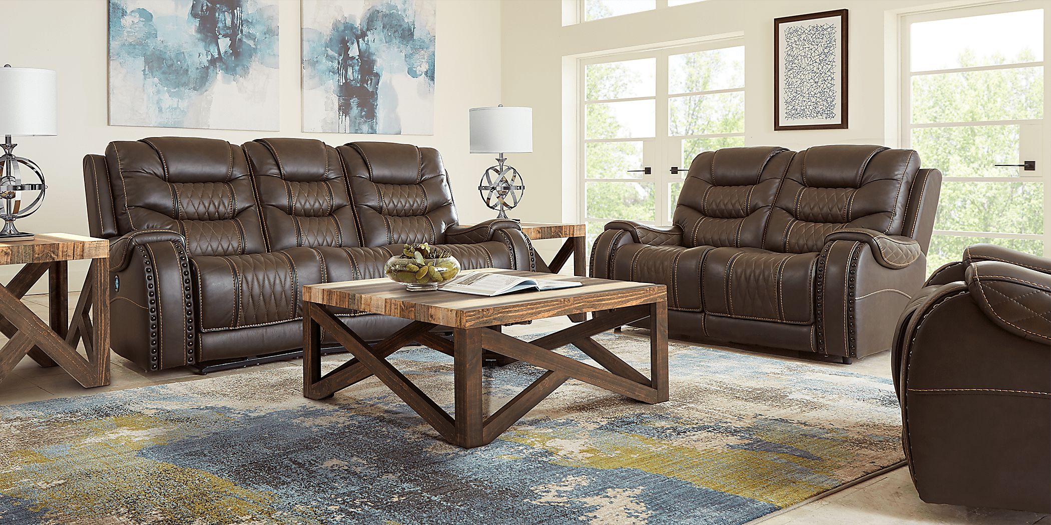 Headliner Brown Leather 5 Pc Dual Power Reclining Living Room with Reclining Sofa