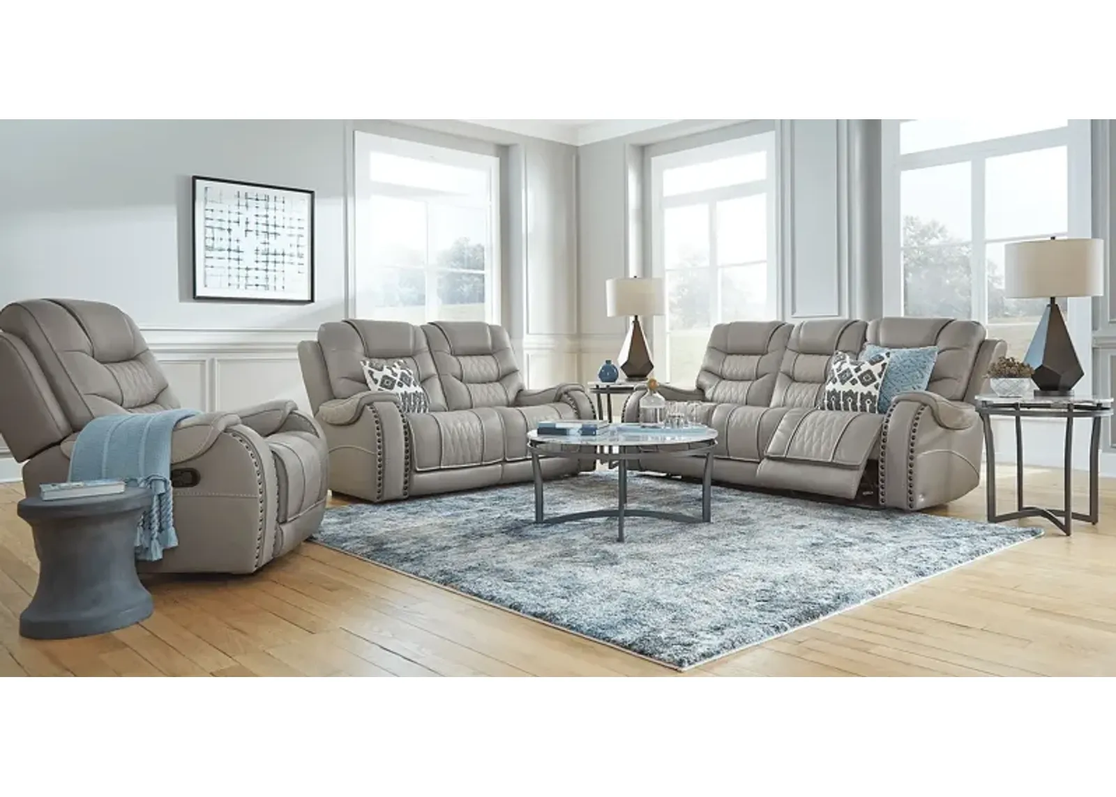 Headliner Gray Leather 5 Pc Dual Power Reclining Living Room with Reclining Sofa