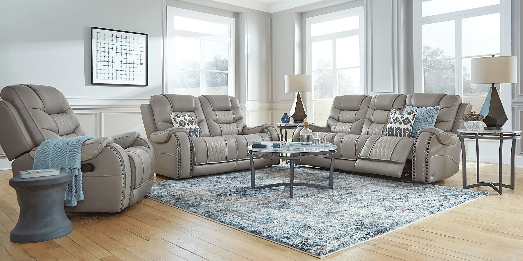 Headliner Gray Leather 5 Pc Dual Power Reclining Living Room with Reclining Sofa