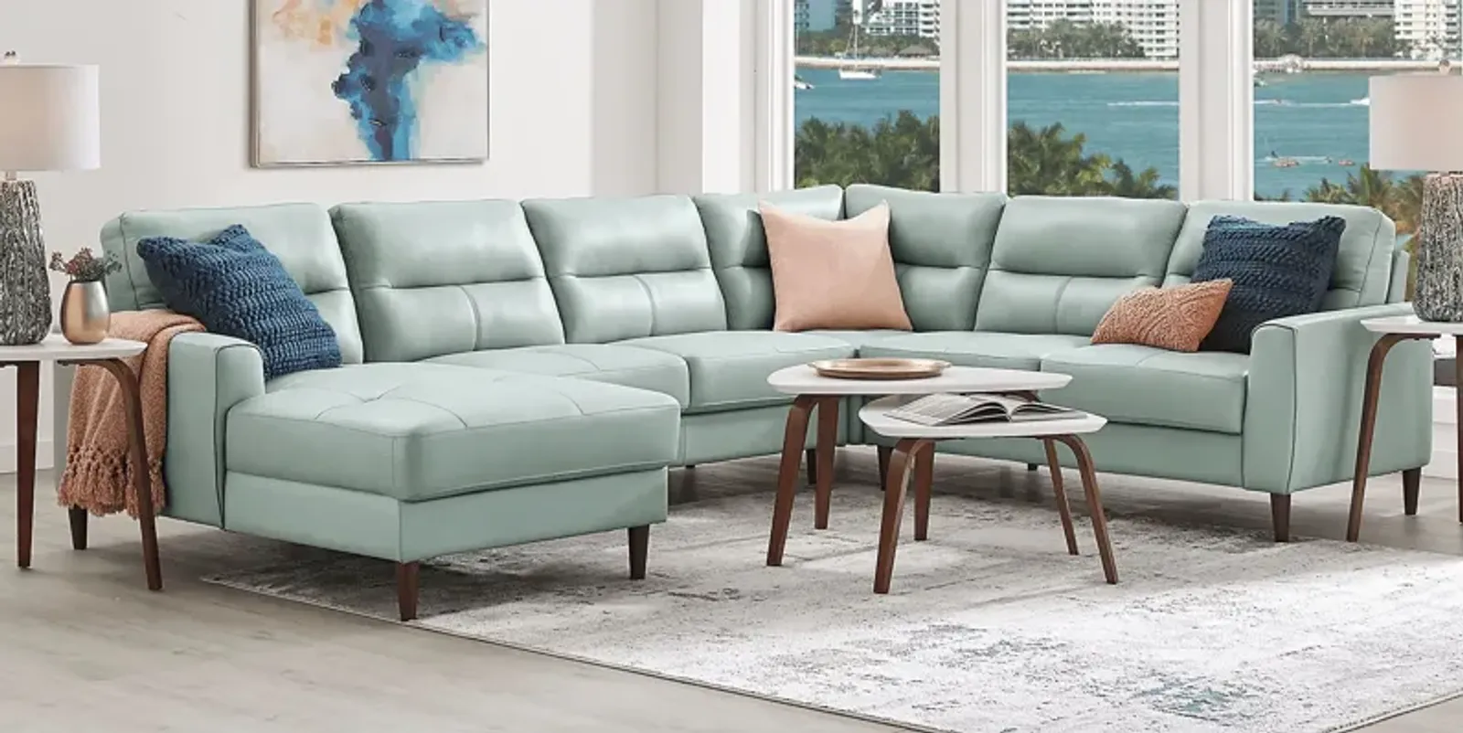 Sutton Heights Aqua Leather 7 Pc Sectional Living Room