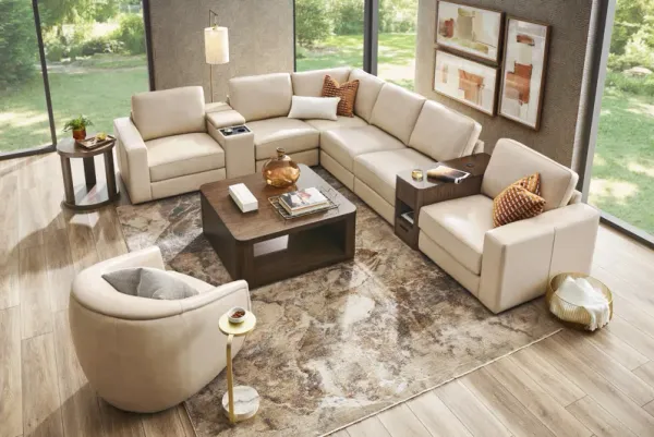 Venice Modular Almond Leather 8 Pc Sectional with Audio