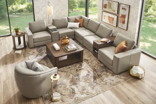 Venice Modular Cobblestone Leather 8 Pc Sectional with Audio