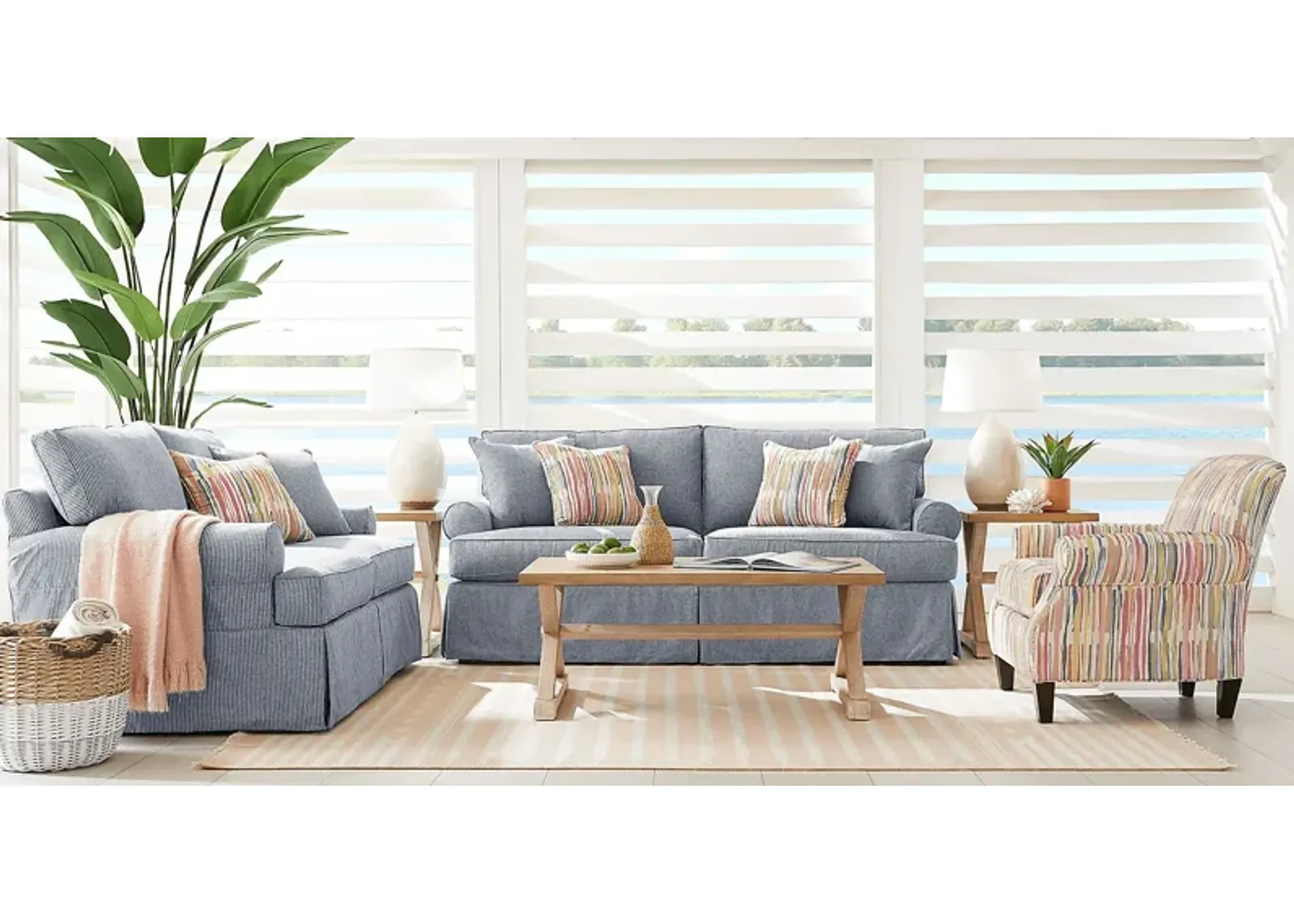 Beachside Walk Blue Denim Slipcover 7 Pc Living Room with Sleeper Sofa