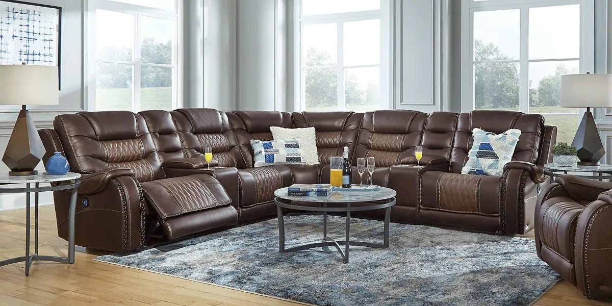 Headliner Brown Leather 7 Pc Dual Power Reclining Sectional