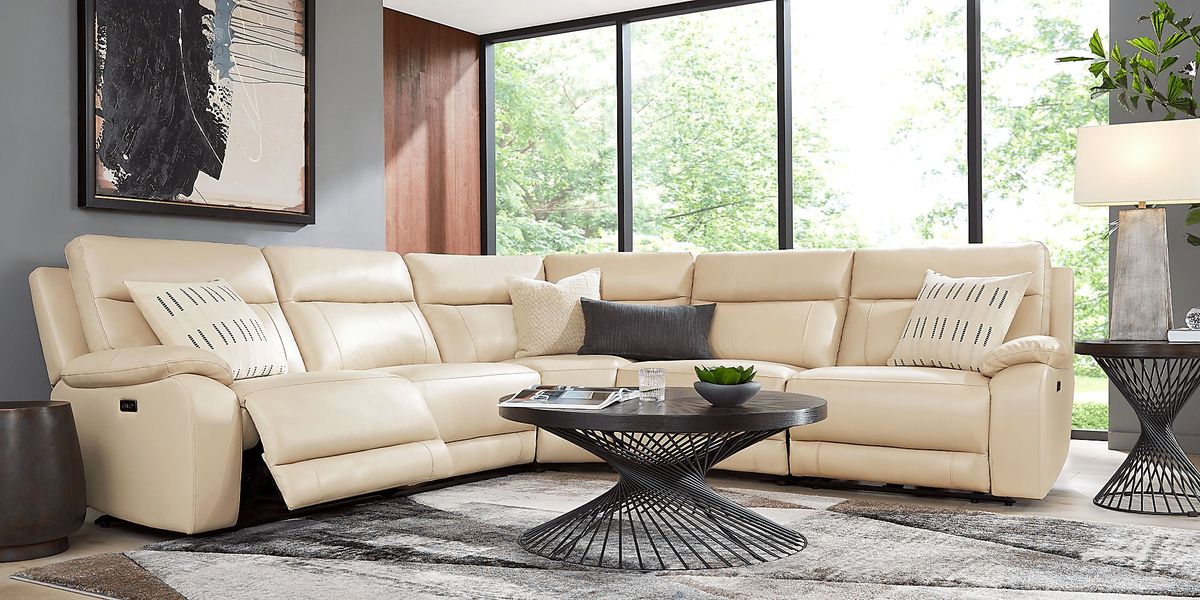 Delaney Point Beige Leather 5 Pc Power Reclining Sectional