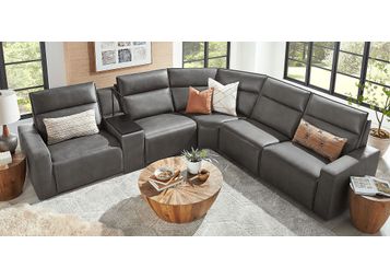 ModularTwo Charcoal 6 Pc Dual Power Reclining Sectional with Wood Top ...