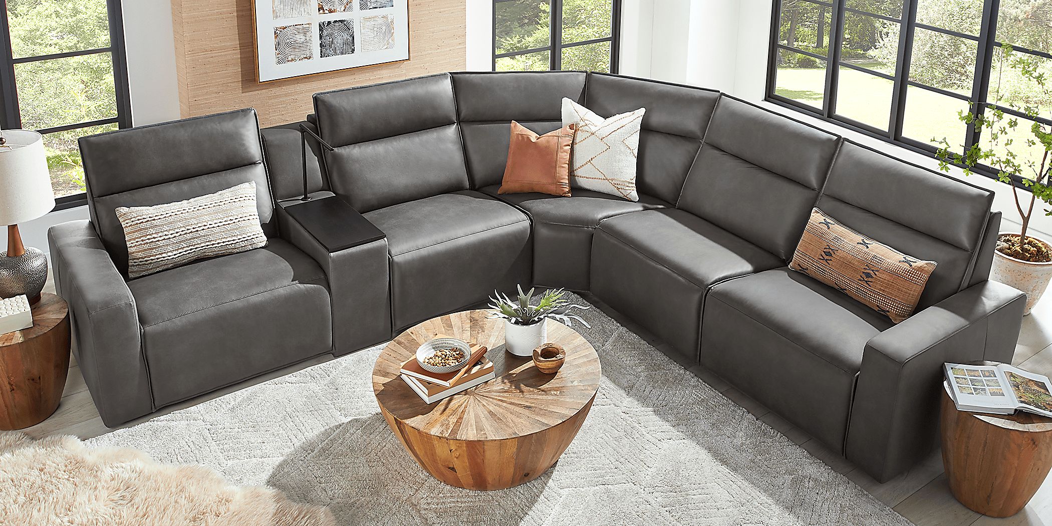 ModularTwo Charcoal 6 Pc Dual Power Reclining Sectional with Wood Top Console