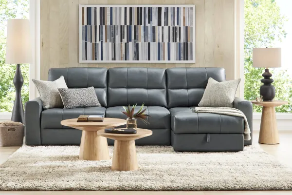 Meriwether Slate Blue Leather 3 Pc Power Slider Sectional