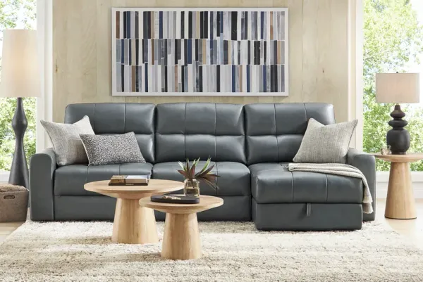 Meriwether Slate Blue Leather 3 Pc Power Slider Sectional