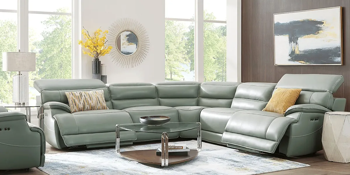 Rossini Mint Leather 5 Pc Dual Power Reclining Sectional