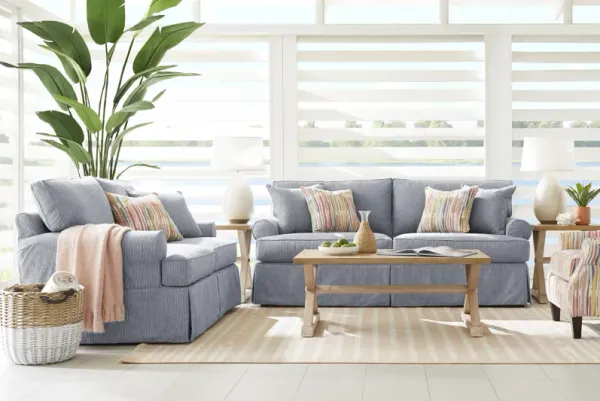 Beachside Walk Blue Denim Slipcover 7 Pc Living Room with Sleeper Sofa