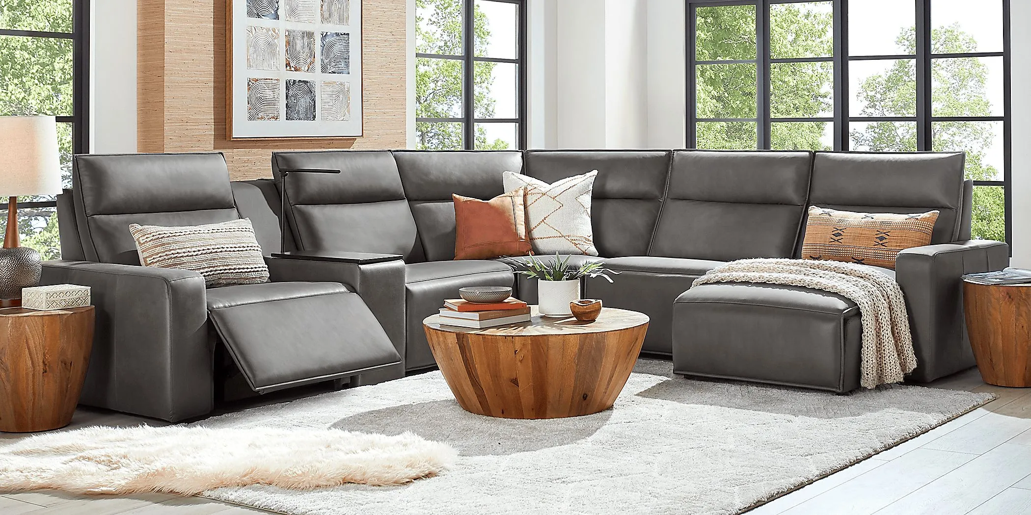 ModularTwo Charcoal 6 Pc Dual Power Reclining Sectional with Wood Top Console