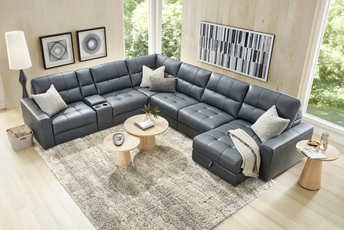Meriwether Slate Blue Leather 7 Pc Power Slider Sectional