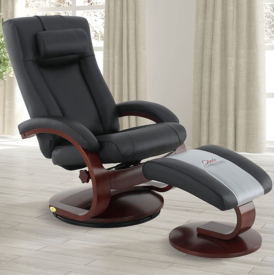 Oslo Collection Hamar Black Leather Recliner & Ottoman
