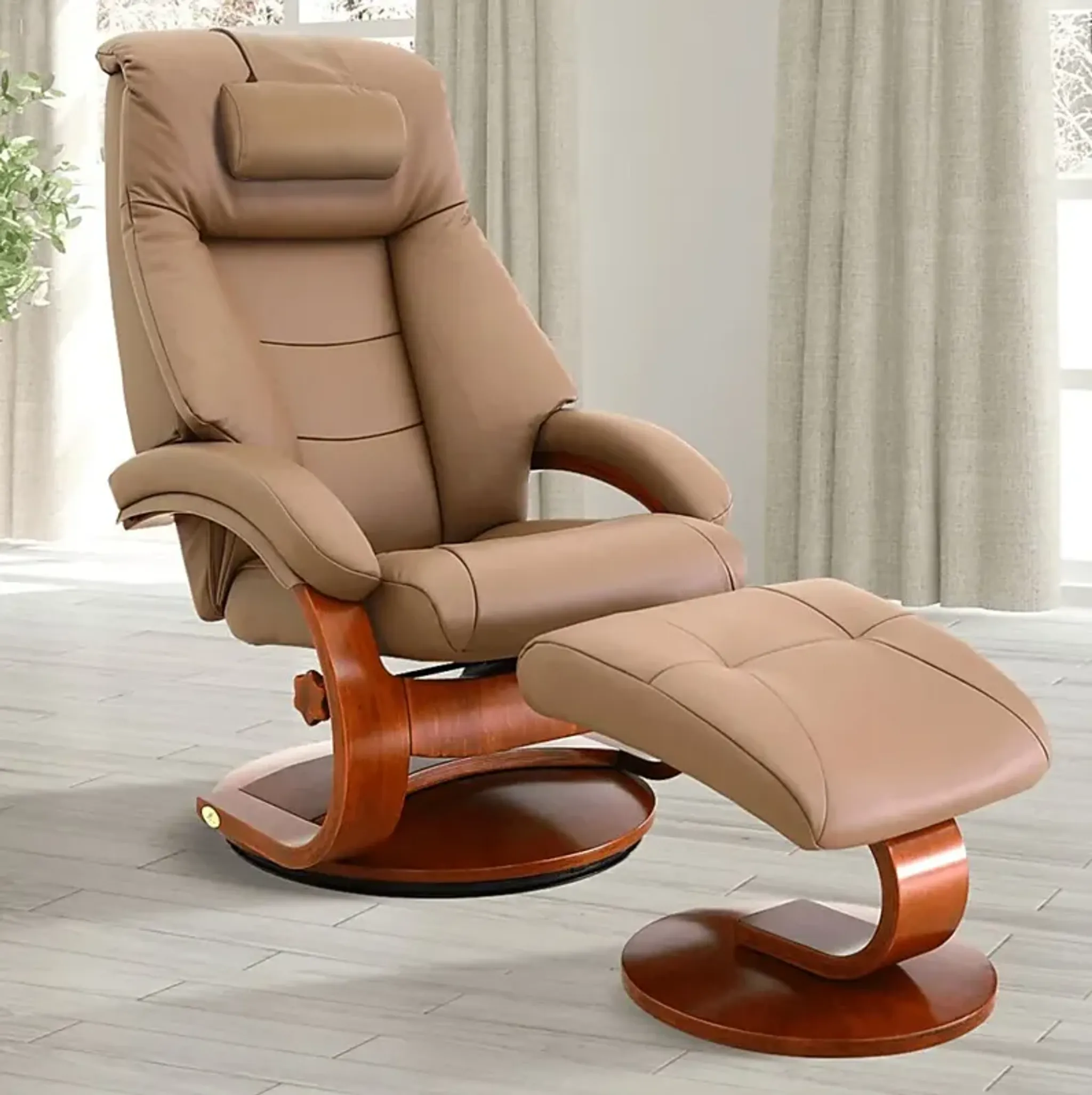 Oslo Collection Mandal Tan Leather Recliner & Ottoman | Furniture.com