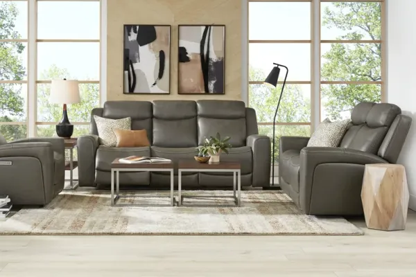 Davidson Dark Gray Leather 3 Pc Living Room with Dual Power Reclining Sofa