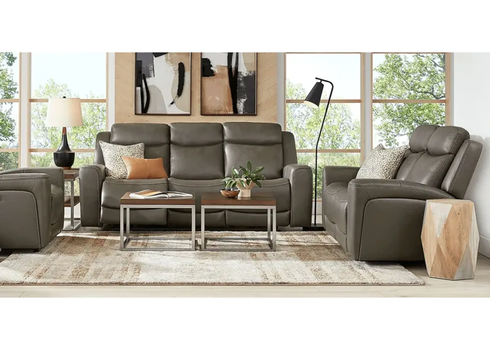 Davidson Dark Gray Leather 3 Pc Living Room with Dual Power Reclining Sofa