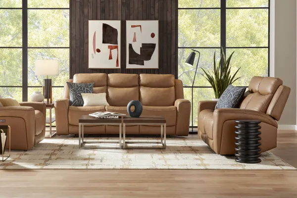 Davidson Caramel Leather 6 Pc Living Room with Dual Power Reclining Sofa