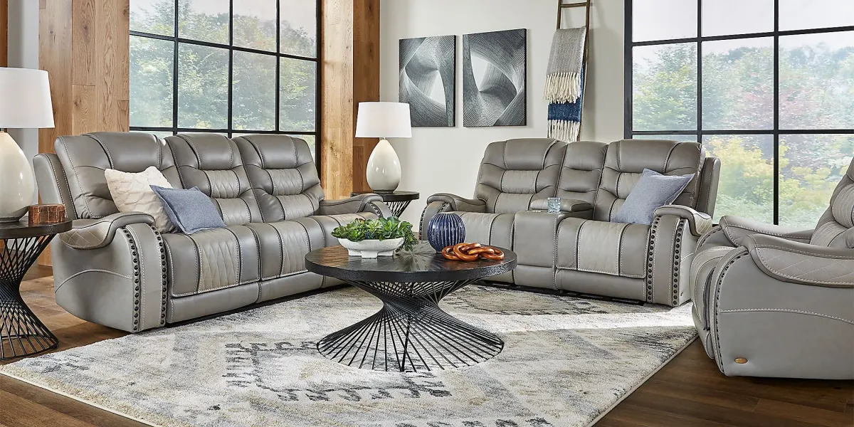 Headliner Gray Leather 3 Pc Dual Power Reclining Living Room